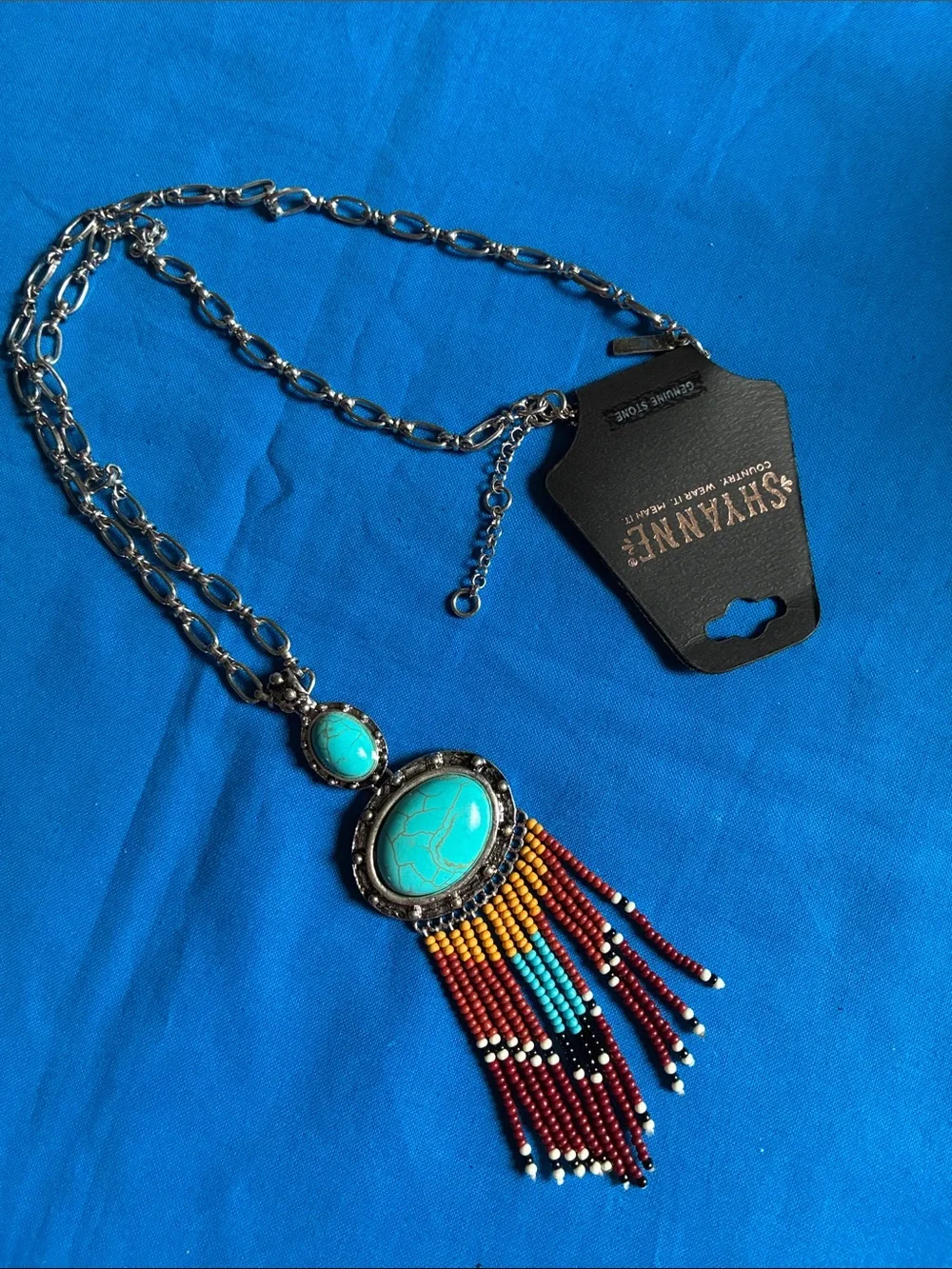 Shyanne Turquoise Pendant Necklace with Red and Yellow Beaded Fringe